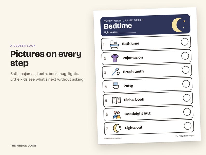 May include: A white bedtime routine chart featuring a dark blue header with a crescent moon icon and the text Bedtime. The list includes seven numbered steps with icons for bath time, pyjamas, brushing teeth, potty, reading, hugs, and lights out.