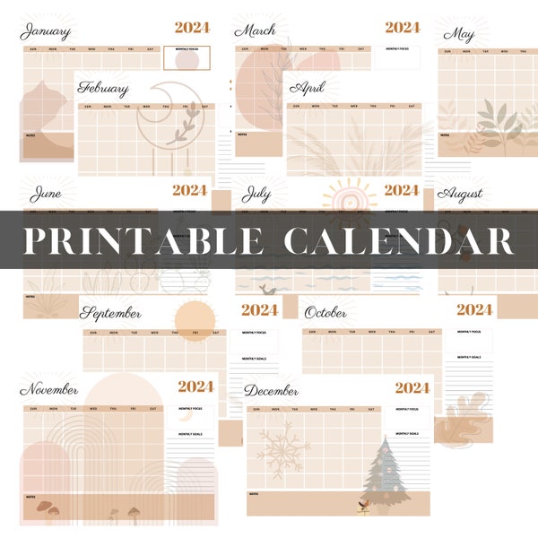 Bohemian Style 2024 Printable Calendar | Boho Women Calendar Template | 12 Months