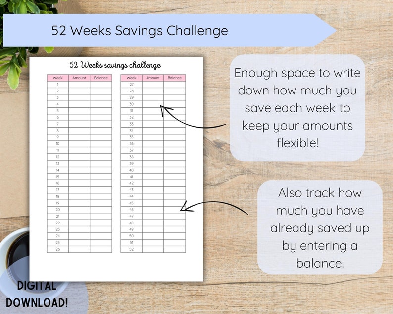 52 Weeks Savings Challenge Printable Template, Savings Tracker for 52 ...