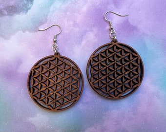 Flower of Life earrings | Sacred Geometry Dangle Earring set made from wood | Metaphysical New Age Spiritual statement earrings perfect gift