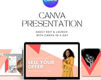 May include: A laptop screen displaying a presentation with a pink background and a woman in a yellow coat. The text on the screen reads "simplistic SELL YOUR OFFER HOW TO SUBJECT OF YOUR COURSE".