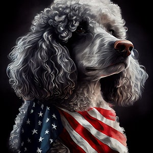 Poodle with US Flag Digital Art Watercolor Monet Inspired
