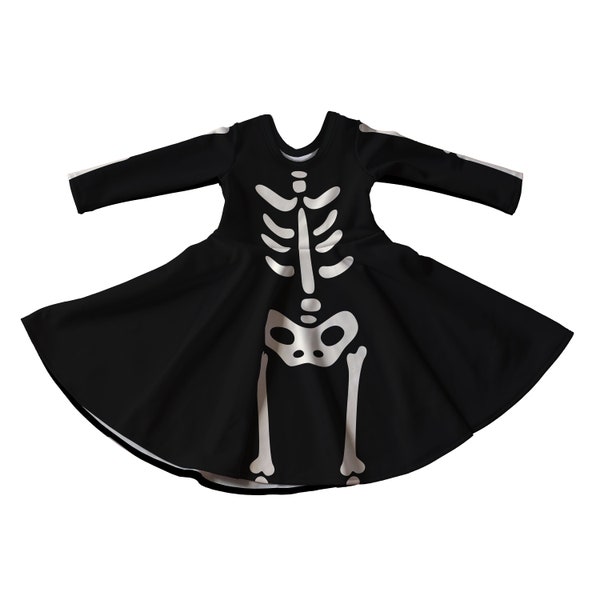 Black Halloween Skeleton Full Skirt Skater Dress with Sleeves - Handmade Children's Dress