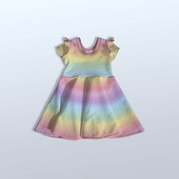 Handgemachtes Pastell-Regenbogen-Skater-Kleid mit Flatter-Ärmeln - Handgemachtes Kinderkleid