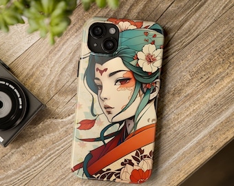 iPhone 16 Pro Max Case 15 14 13 12 11, Japanese Tattoo Inspired, Geisha, Tattoo Gift, Anime Colorful Design, Abstract, Tough Phone Case