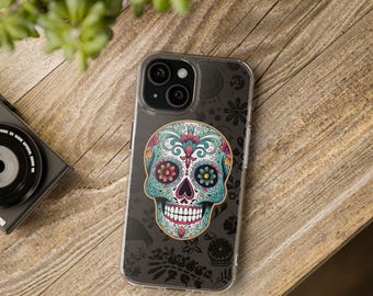 Colorful Mexican Sugar Skull Clear Case for iPhone, Day of the Dead Phone Cover, iPhone 16 Pro Max Case 15 14 13 12 11, Floral Skeleton #1