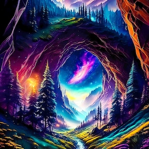 Puede incluir: Una pintura de paisaje vibrante y colorida que representa una cordillera con un arroyo que fluye a través de un valle. La escena está enmarcada por una gran abertura en forma de cueva con un cielo estrellado visible en la distancia. La pintura está llena de colores brillantes, incluidos azules, verdes, morados y amarillos.