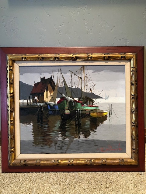 clearance wholesalers Fishing Boats at a Dock - Oil on Canvas