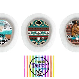 May include: Three round adhesive patches with colorful designs featuring a turquoise background, geometric patterns, and images of a skull, a bear, and a horse. The patches are labeled "Diabetic Decor" with a husky dog logo.