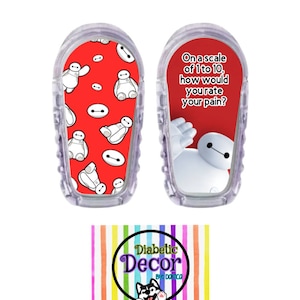 May include: Two clear plastic medical device covers with a red and white Baymax design. One cover has a repeating pattern of Baymax and the other has a single image of Baymax with the text "On a scale of 1 to 10, how would you rate your pain?"