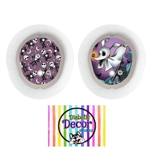 May include: Two round, white medical device covers with colorful, printed designs featuring characters from the movie "The Nightmare Before Christmas". The designs include Jack Skellington and Zero the ghost dog. The covers are labeled "Diabetic Decor by Donica".