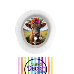 May include: A brown and white cow with a flower crown on its head. The cow is looking at the camera. The image is on a white background with a gray circle around the cow. The text "Diabetic Decor by Danica" is on a rainbow striped background.