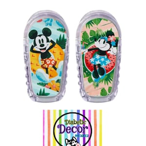 May include: Two colorful Disney Mickey Mouse and Minnie Mouse themed medical device covers. The Mickey Mouse cover features Mickey Mouse wearing a Hawaiian shirt and sunglasses, floating on a pineapple. The Minnie Mouse cover features Minnie Mouse wearing a Hawaiian shirt and a flower in her hair, floating on a watermelon. Both covers have a tropical background.