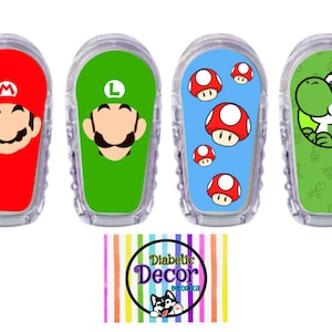 May include: Four colorful adhesive stickers featuring characters from the Super Mario Bros. video game franchise. The stickers are designed to fit a medical device, such as a continuous glucose monitor. The stickers feature Mario, Luigi, a mushroom pattern, and Yoshi.