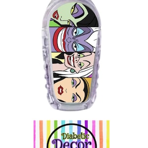 May include: A clear plastic medical device with a colorful sticker featuring the faces of four Disney villains. The sticker has a purple, green, yellow, and white color scheme. The sticker has the text "Diabetic Decor by Damica".
