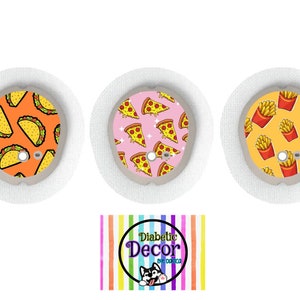 May include: Three round, white, adhesive patches with colorful, cartoon food designs. The designs are tacos, pizza slices, and french fries. The patches are for covering medical devices. The text on the bottom of the image reads "Diabetic Decor est. 2020".