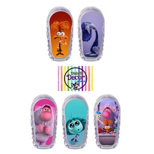 May include: Five colorful stickers featuring characters from the animated movie Inside Out. The stickers are designed to fit on a medical device. The stickers feature the characters Joy, Sadness, Fear, Anger, and Disgust.