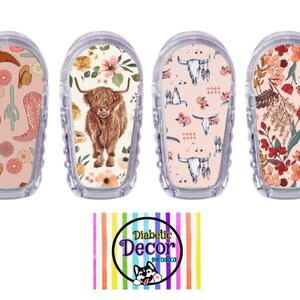May include: Four different designs of adhesive stickers for a continuous glucose monitor (CGM). The designs feature a pink background with various patterns including a highland cow, a skull with feathers, cowboy boots, and floral patterns.
