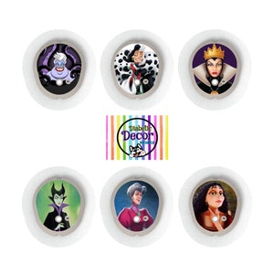 May include: Six round white stickers with colorful images of Disney villains. The stickers feature Ursula, Cruella de Vil, Evil Queen, Maleficent, Lady Tremaine, and Mother Gothel. The text "Diabetic Decor" is printed on a rainbow striped background.