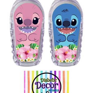 May include: Two clear plastic insulin pump covers with colorful cartoon images of Stitch from Lilo & Stitch. The pink cover features Stitch with pink flowers and leaves. The blue cover features Stitch with blue flowers and leaves. The text "Diabetic Decor by: Damica" is printed on a rainbow striped background.