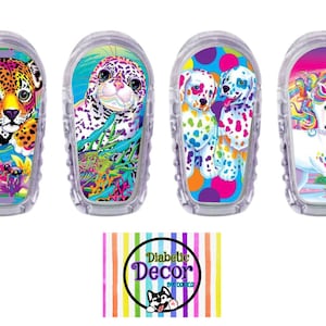May include: Four colorful, clear plastic cases with different 90s-themed designs. The designs include a leopard, a seal, dalmatian puppies, and a unicorn. The cases are labeled "Diabetic Decor by Cocoica".