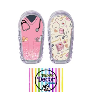 May include: Two clear plastic medical device covers with colorful patterned stickers. One sticker features a pink nurse's uniform with glitter accents. The other sticker features a white background with a pattern of medical tools and a red cross. The stickers are labeled "Diabetic Decor by Domica".