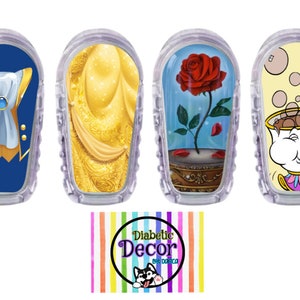 May include: Four colorful Disney Beauty and the Beast themed stickers for a continuous glucose monitor. The stickers feature Belle's dress, the enchanted rose, Beast's blue coat, and Chip the teacup.
