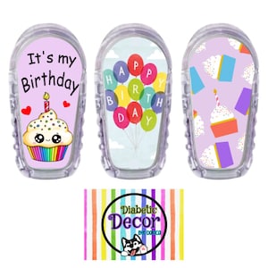 May include: Three colorful birthday themed stickers for a medical device. The stickers feature a cupcake with the text "It's my Birthday", a blue background with balloons that spell out "Happy Birthday", and a purple background with cupcakes.