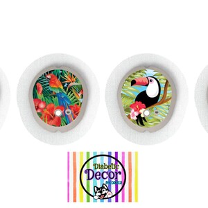 May include: Four colorful round stickers with tropical bird and floral designs. The stickers feature a pink flamingo, a blue and green parrot, and two toucans. The stickers are designed to cover medical devices.