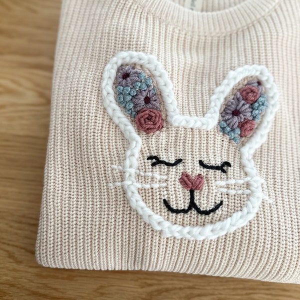 Bunny Sweater // Hand Embroidered Easter Bunny Sweater // Chunky Knit Cream Custom Sweater // Toddler Sweater