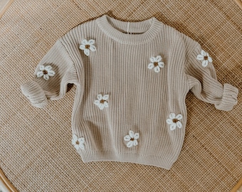 Daisy Sweater // Hand Embroidered Sweater // Girls Chunky Knit Flower Sweater