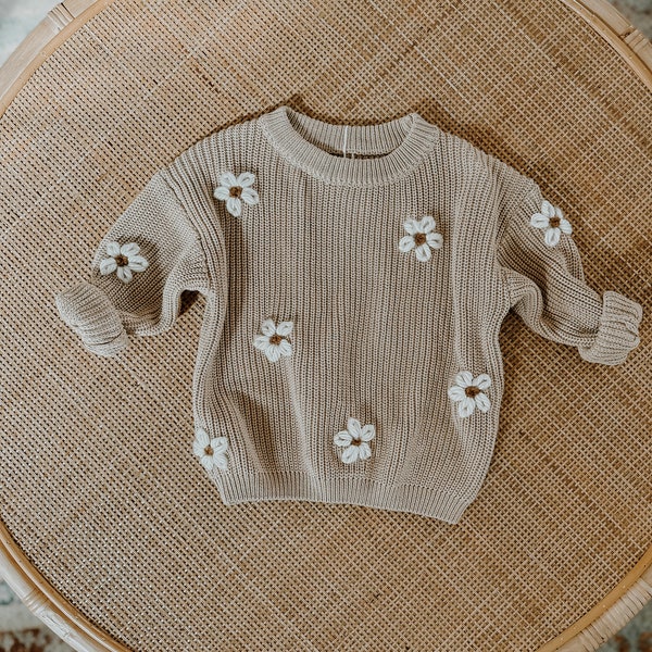 Daisy Sweater // Hand Embroidered Sweater // Girls Chunky Knit Flower Sweater