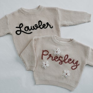Cream Embroidered Name Sweater: Personalized Baby Toddler Knit
