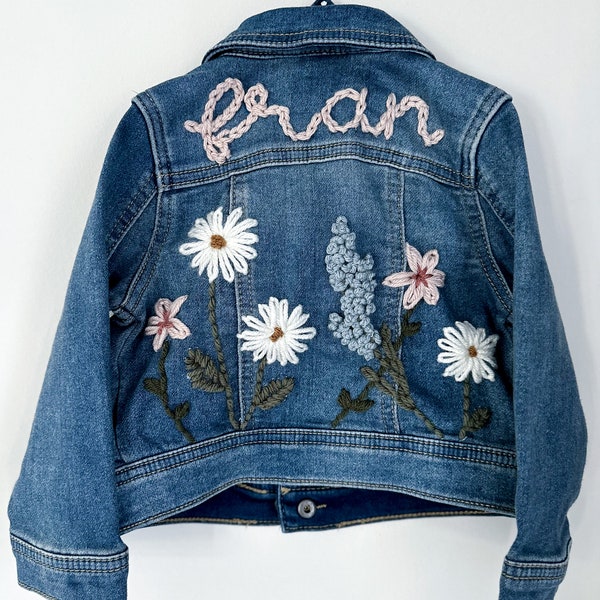 Flower Garden Jean Jacket // Toddler Hand Embroidered Denim Jacket // Girls Personalized Jacket // Custom Flower Embroidered Denim