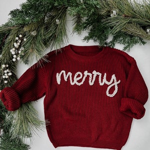 Merry Sweater // Hand Embroidered Sweater // Christmas Chunky Knit Holiday Sweater
