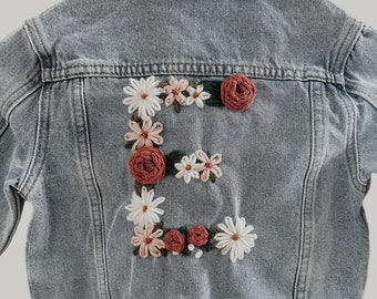 Floral Initial Jean Jacket // Toddler Hand Embroidered Denim Jacket // Girls Personalized Jacket // Custom Flower Embroidered Denim