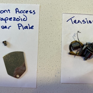 May include: Two pieces of a sewing machine: a metal cover plate with a screw and a tension assembly with a spring.