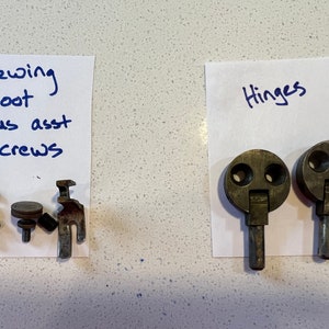 May include: Two silver-toned hinges with a round top and a metal pin. The hinges are on a white piece of paper with the word "Hinges" written in blue ink.  A separate piece of paper with the words "Sewing foot plus asst screws" written in blue ink.  There are several small screws and a sewing foot on the paper.