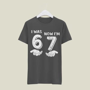 May include: Dark gray t-shirt with the text "I WAS NOW I'M 67" in white, with the numbers 6 and 7 designed to look like they are being held by two hands. The shirt is hanging on a white hanger.