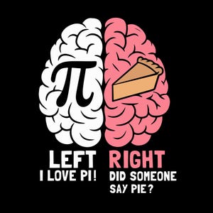 May include: A graphic illustration of a brain divided into two halves. The left side shows the mathematical symbol for pi and the text "LEFT I LOVE PI!" The right side shows a slice of pie and the text "RIGHT DID SOMEONE SAY PIE?"