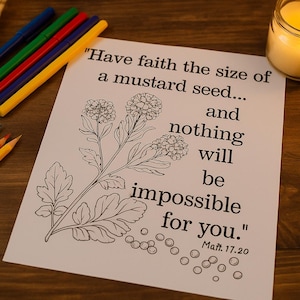 Bible Verse Coloring Page | Mustard Seed Faith Printable | Matthew 17:20 Scripture Art | Christian Digital Download