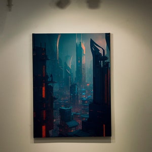 Cyberpunk City - Scifi fantasy - futuristic city skyline - Digital download - Scifi home decor illustration - City architecture landscape