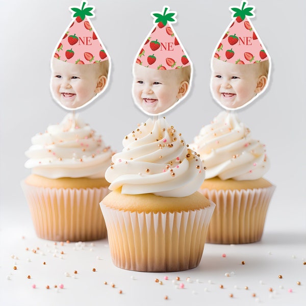 Strawberry Cupcake Toppers, Personalized Berry Face Photo Topper, First Birthday Face Cupcake Toppers, Printable Strawberry Face Toppers
