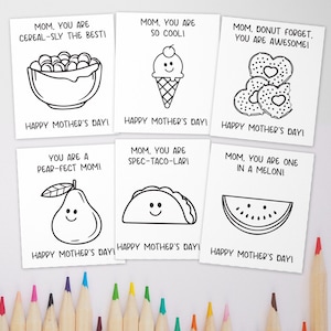 Lot de 6 cartes imprimables pour la fête des mères, cartes à colorier pour maman, cartes pour amour de la nourriture, activité pour la fête des mères pour les enfants, activités pour maman pour les enfants
