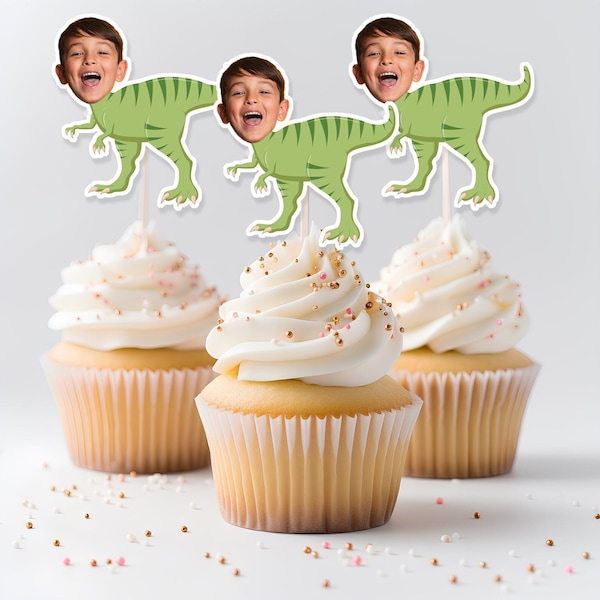 Dinosaur Cupcake Toppers, Personalized Dinosaur Photo Topper, Custom Dinosaur Face Cupcake Toppers, Printable Birthday Dinosaur Face Toppers