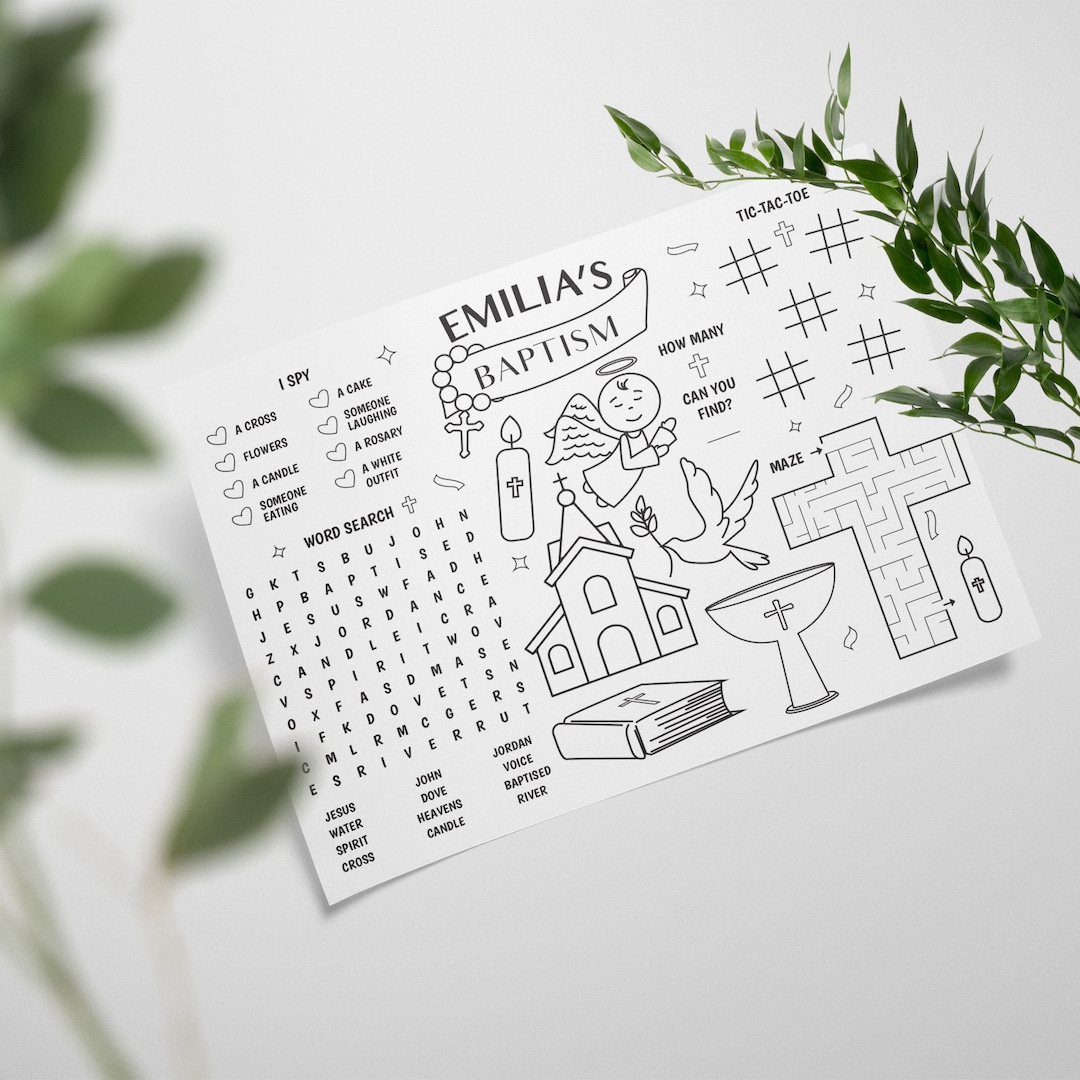 Baptism Coloring Placemat, Kids Printable Activities, Personalized Mat ...