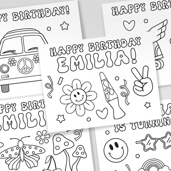 Printable Groovy Coloring Pages, Retro Birthday Party Coloring Sheets, Personalized Party Favors, Too Groovy, Hippie Theme, Set of 5 Sheets