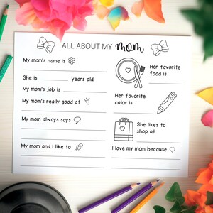 All About Mom Printable Sheet, Mothers Day Fill In Sheet, All About My Mom Instant Download, Kids Printable Gift for Mother&#39;s Day, Set of 2
