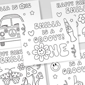 May include: A set of printable colouring pages featuring a groovy, retro theme for a first birthday. The pages include a psychedelic van, a flower with a smiley face, a peace sign, a lava lamp, roller skates, and the text "Emilia is one" and "Emilia is a groovy!"
