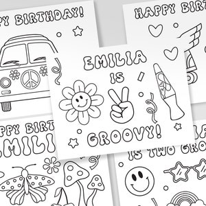 Printable Two Groovy Coloring Pages, 2nd Birthday Party Coloring Pages, Personalized Party Favors, Two Groovy, Hippie Theme, Set of 5 Sheets